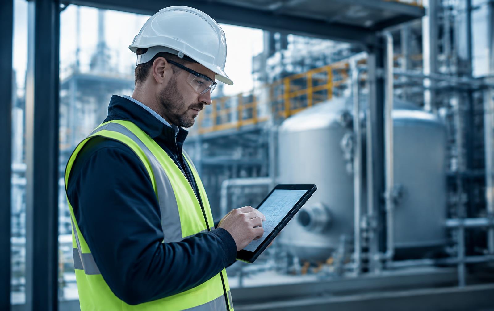 Engenheiro de segurança analisando projeto em tablet dentro de planta industrial